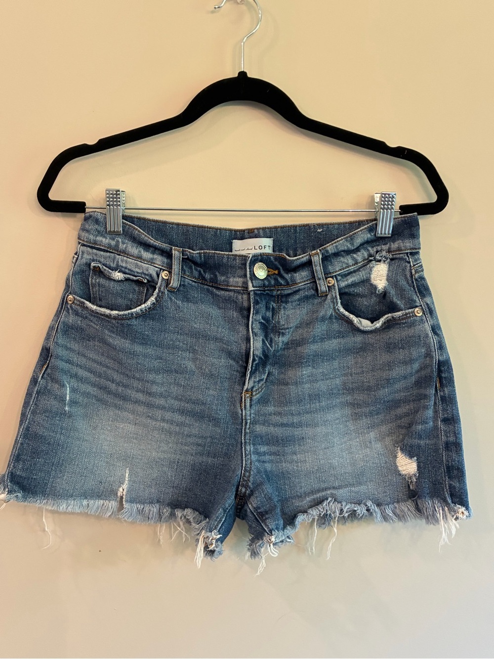 LOFT Frayed Distressed Denim Shorts in Blue Wash